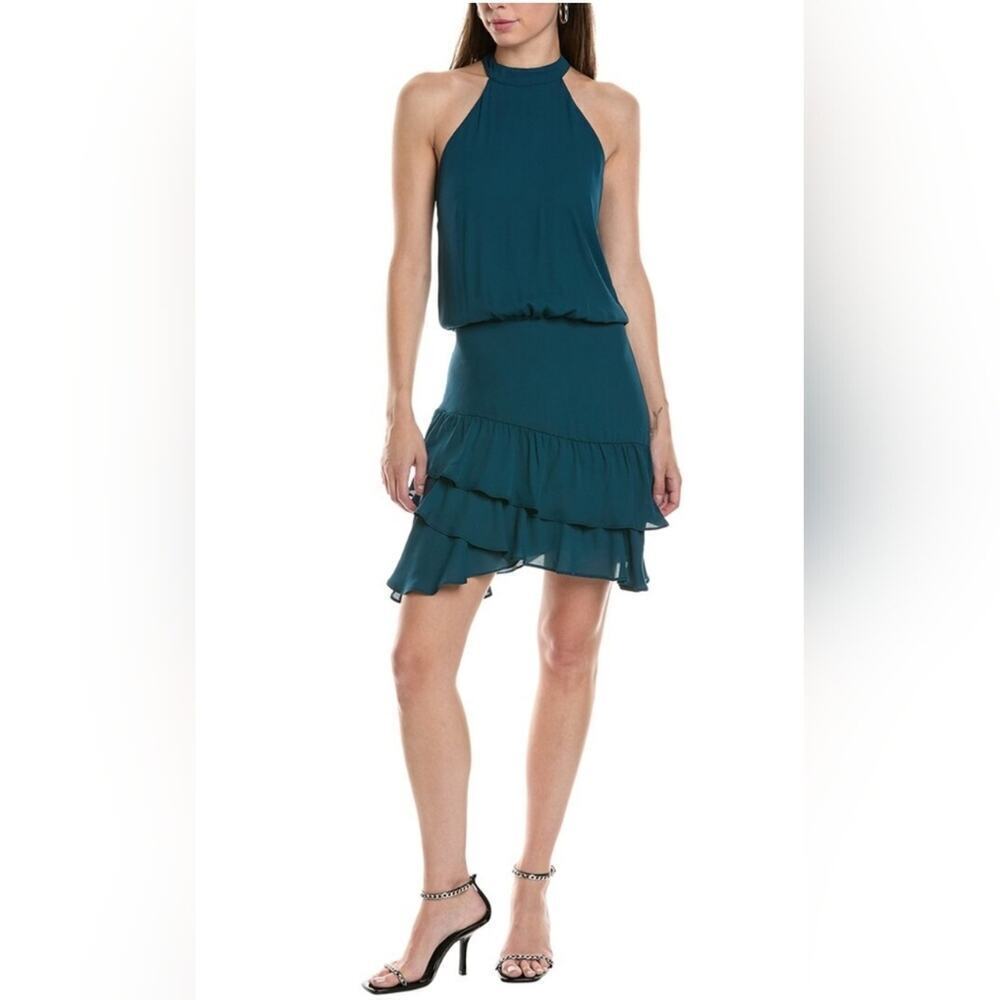 Krisa Halter Asymmetrical Ruffle mini dress Sz Green Cocktail party Holiday